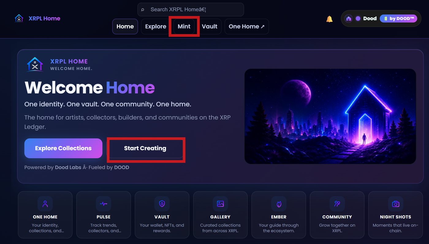 XRPL Home navigation bar showing the Mint tab, and the Start Creating button on the Home page