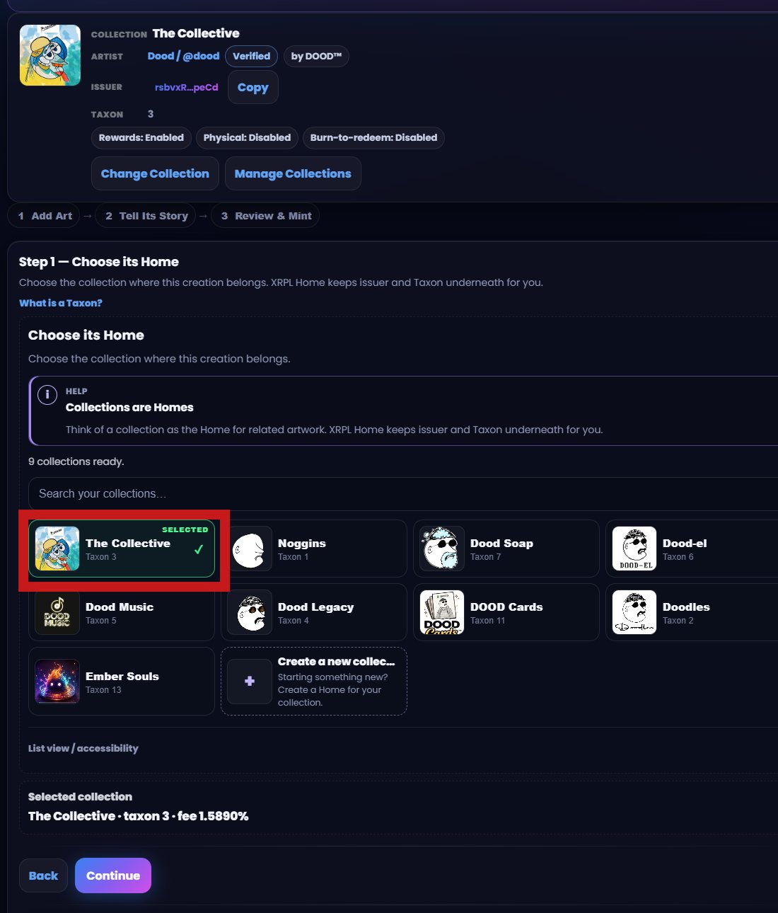 Collection picker showing existing collections and the option to create a new one
