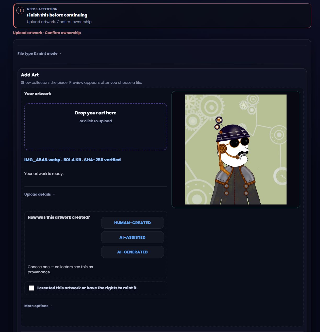 Upload panel with the artwork loaded and the ownership confirmation checkbox below it