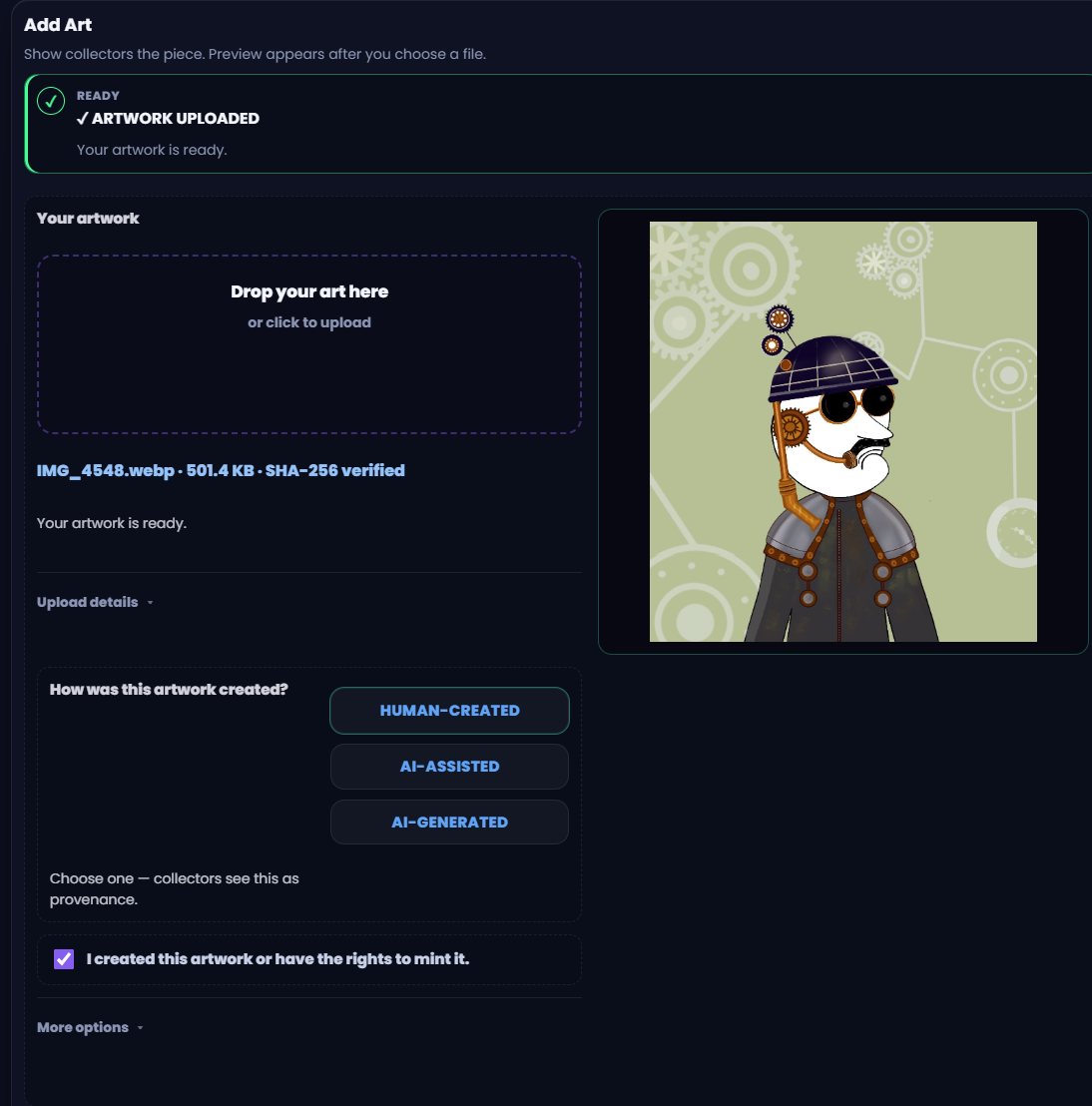 Upload Details panel offering Human-Created, AI-Assisted and AI-Generated disclosure options