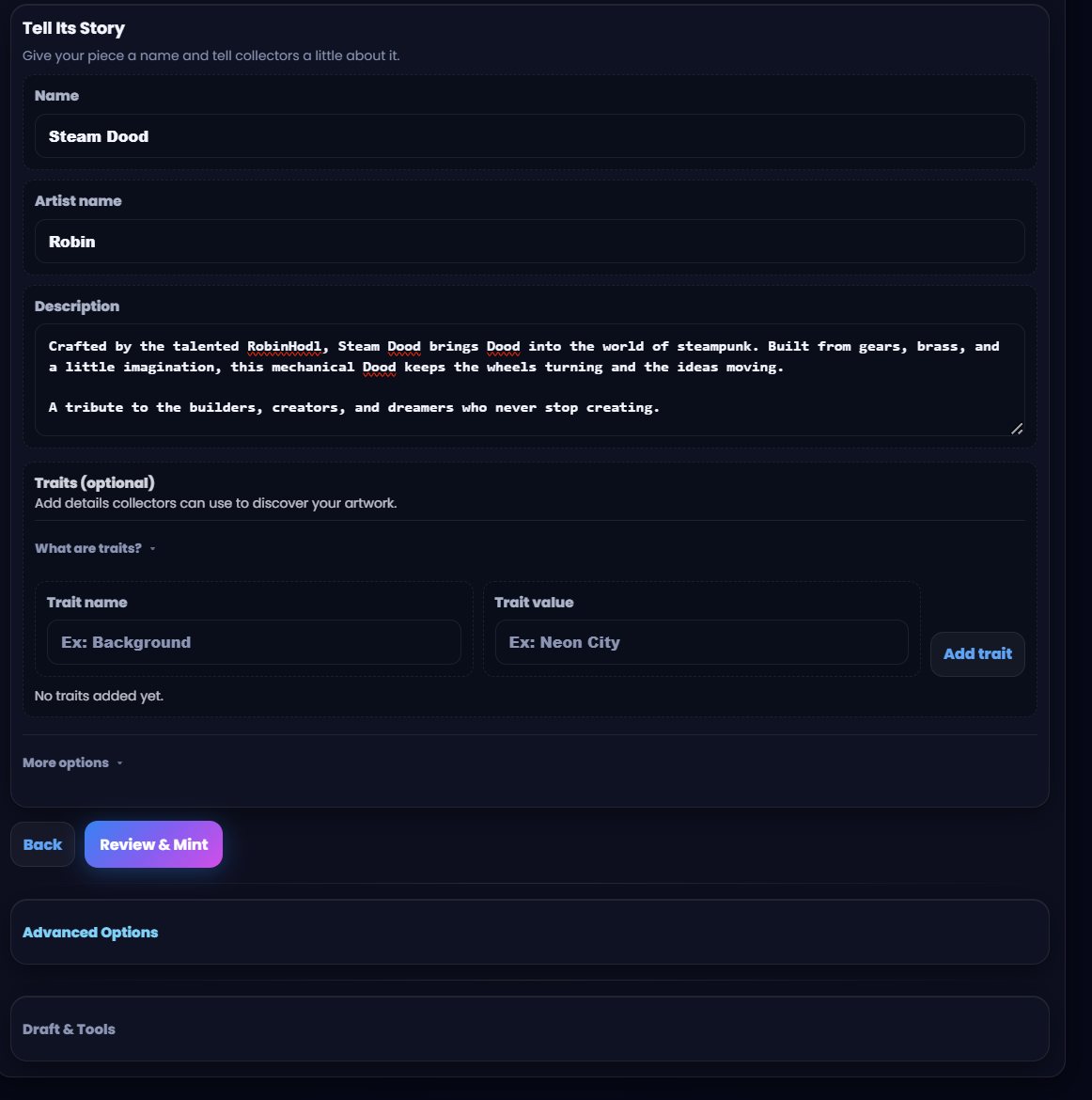 Metadata form with Name, Artist Name, Description and optional traits