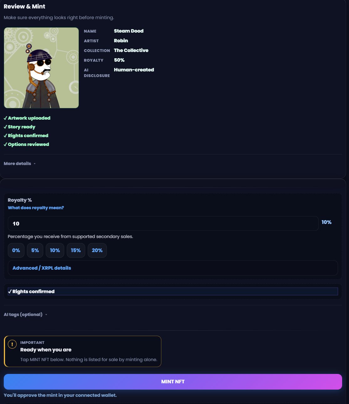 Review and mint screen showing the mint summary and the creator royalty percentage control