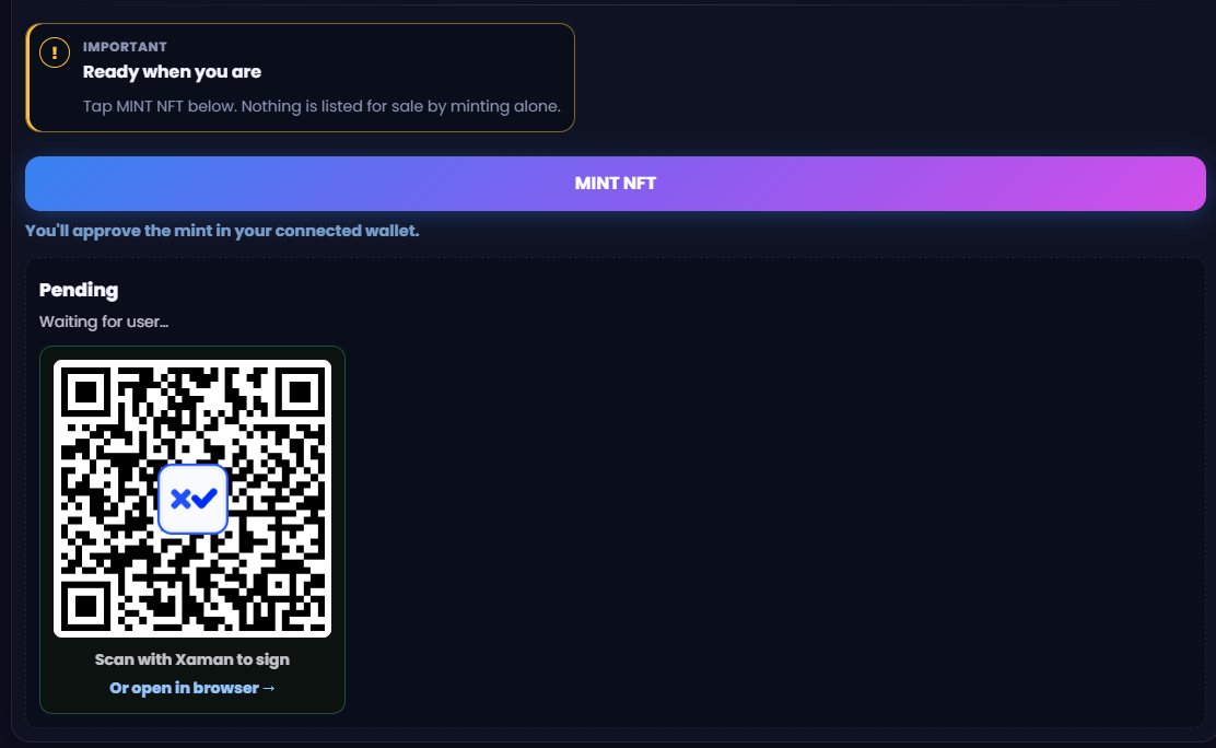 Signing request screen with a QR code to scan with a wallet such as Xaman