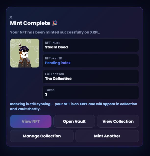 Mint Complete confirmation screen showing the NFT was minted successfully on XRPL