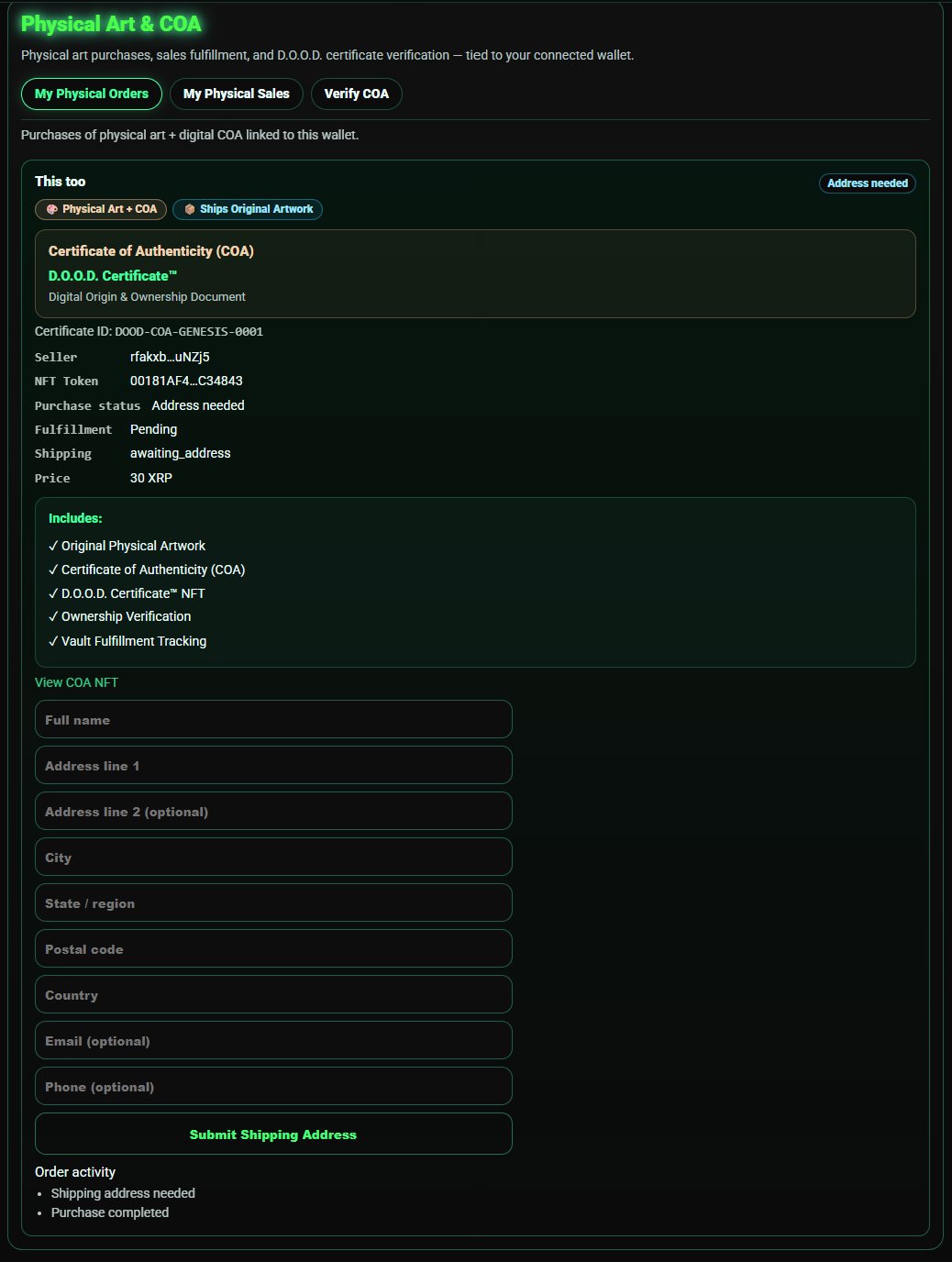 Buyer's shipping information form inside My Physical Orders in Vault
