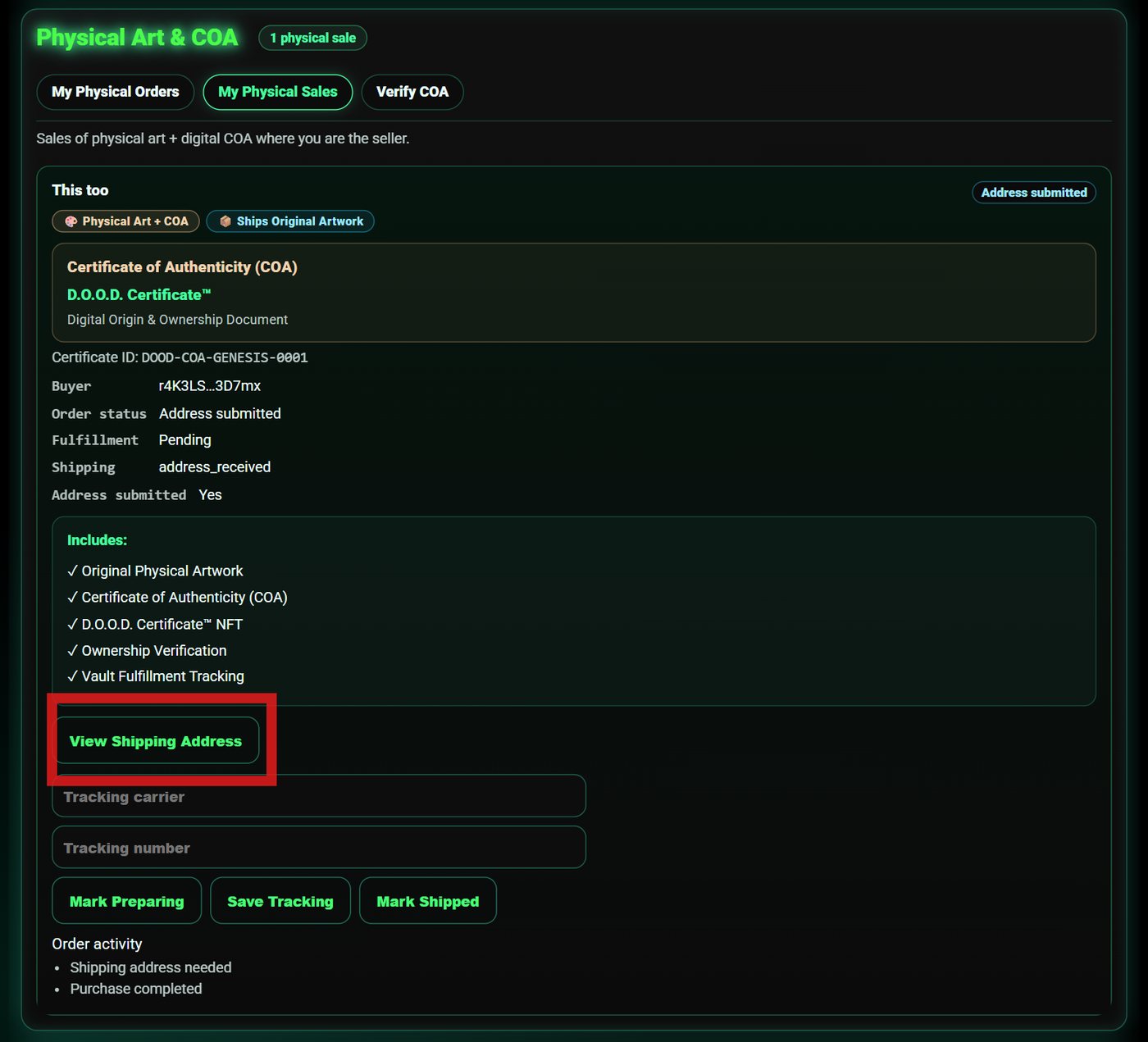 Seller's order view in My Physical Sales with the View Shipping Address control