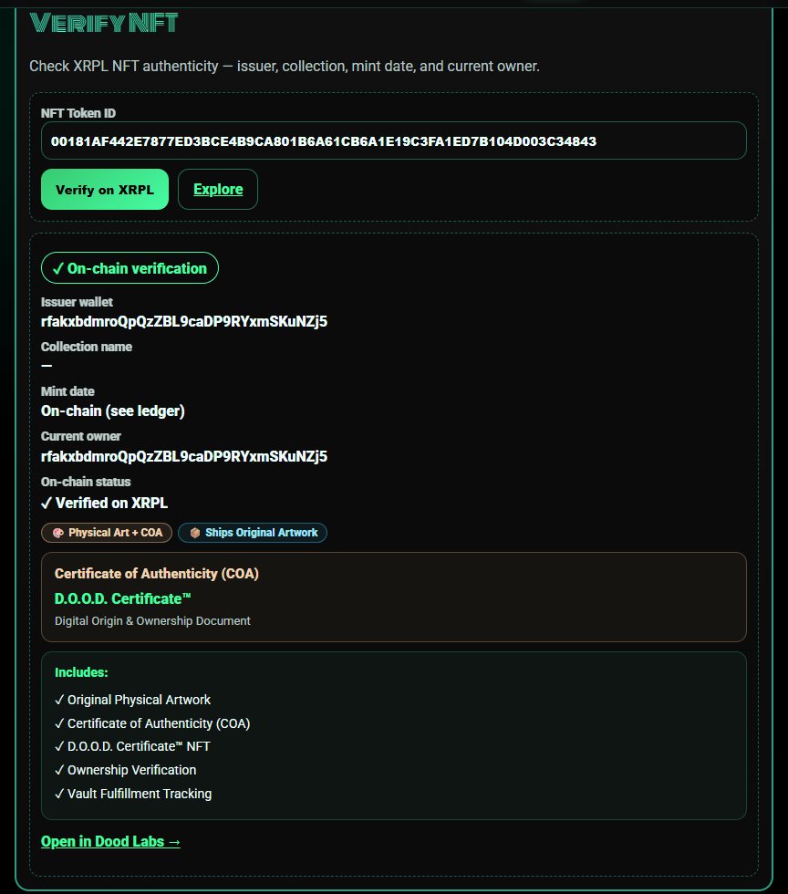 Dedicated verify page showing on-chain verification results with Physical Art and COA badges