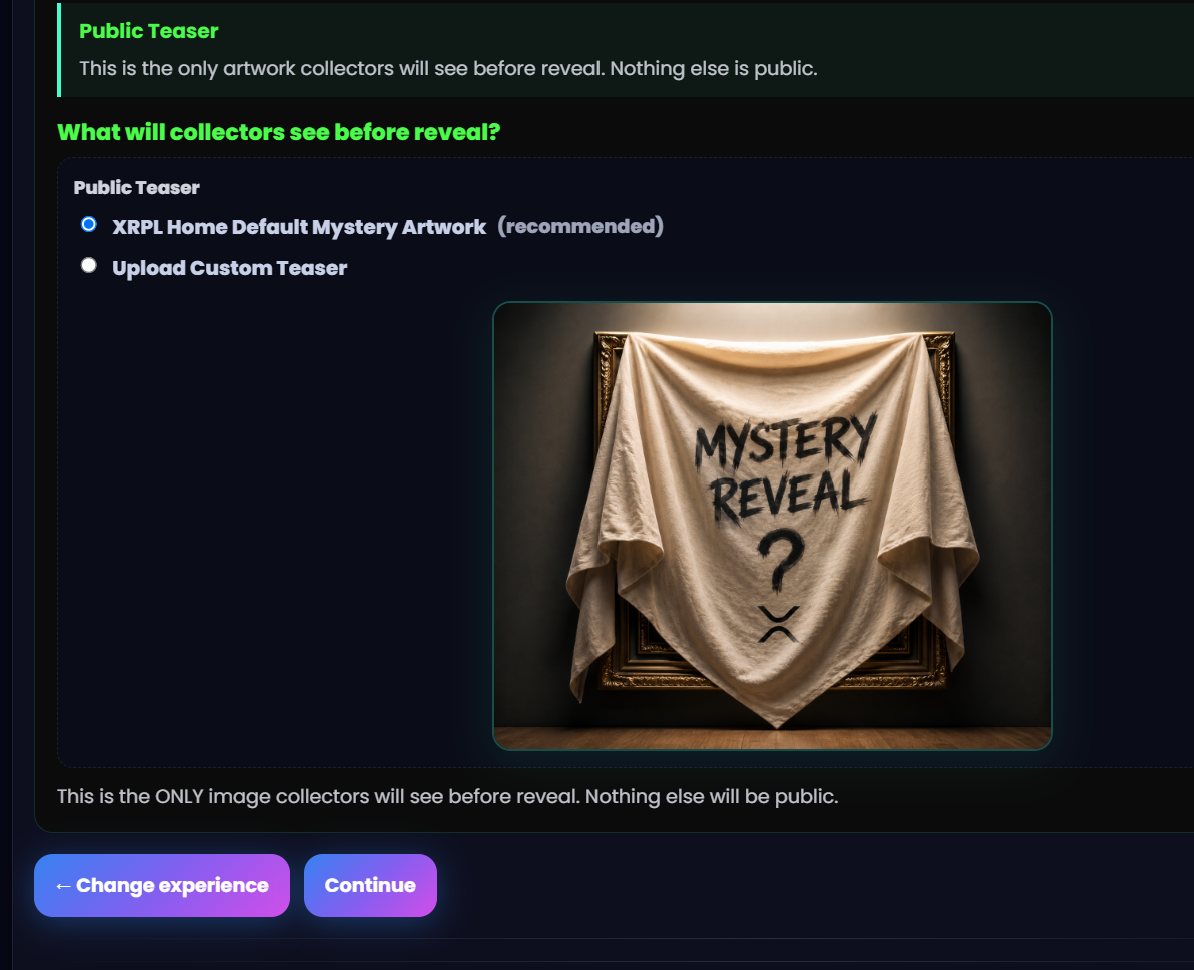 Teaser image selection screen with a default teaser and an upload option