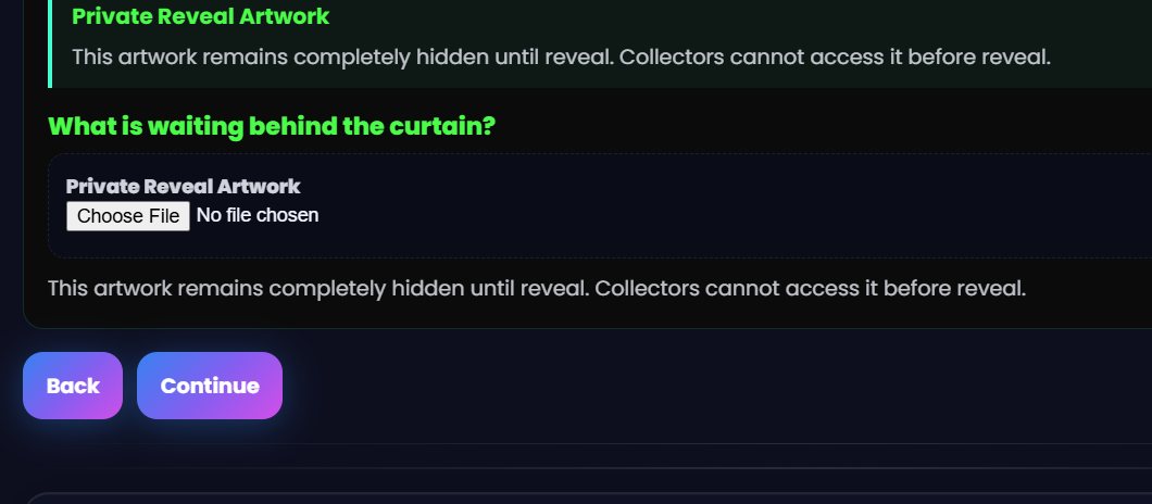Upload panel for the hidden artwork that will be revealed to the owner