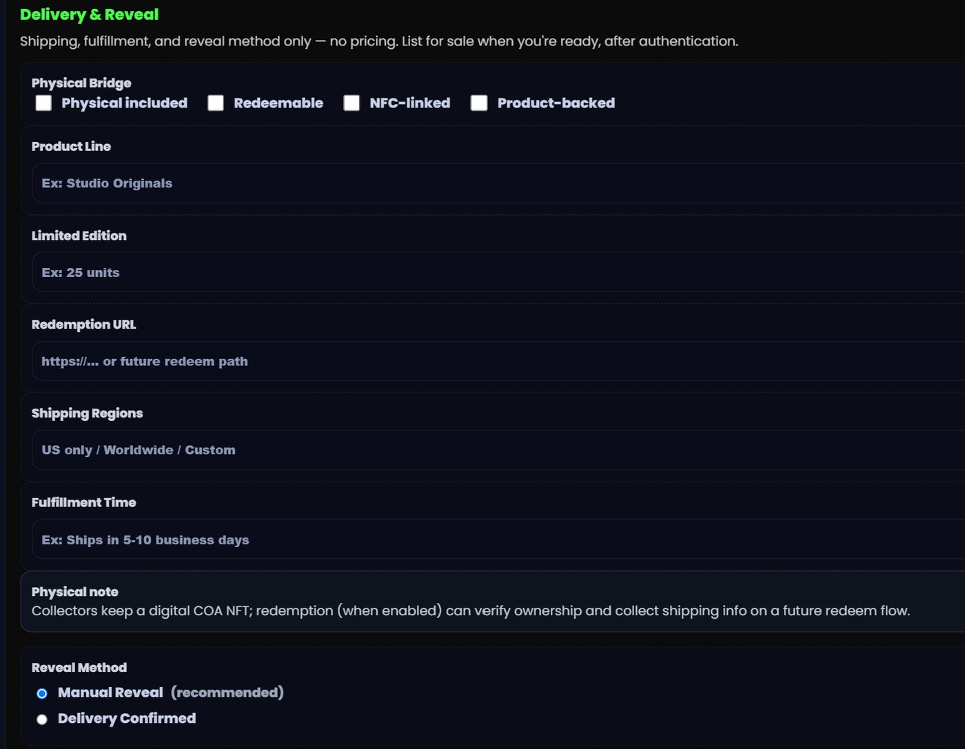 Reveal method options including Manual Reveal, Delivery Confirmed, Claim Code and Delivery plus NFC