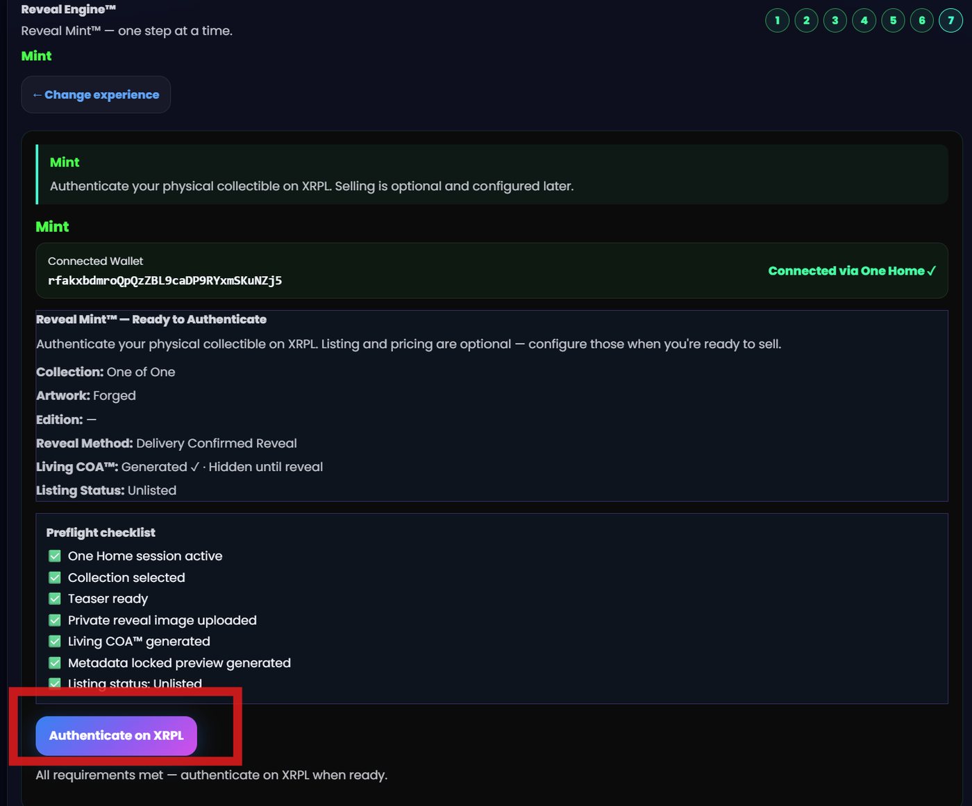 Confirm and authenticate screen before signing the Reveal Mint transaction