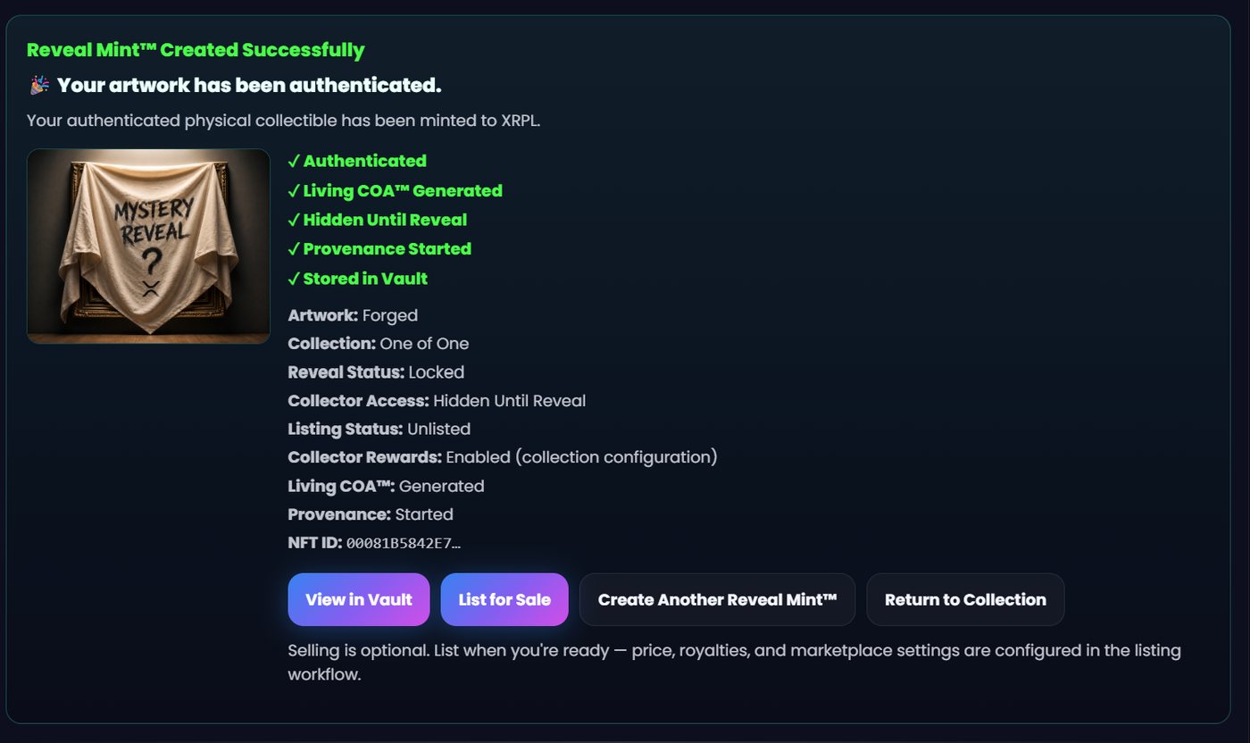 Confirmation page shown to the artist once the Reveal Mint has been minted