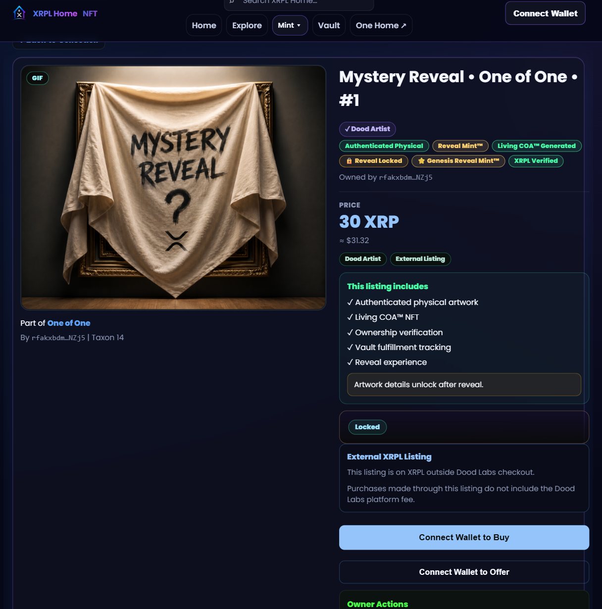 Listing page as seen by a collector, showing the locked Reveal Mint and what is included