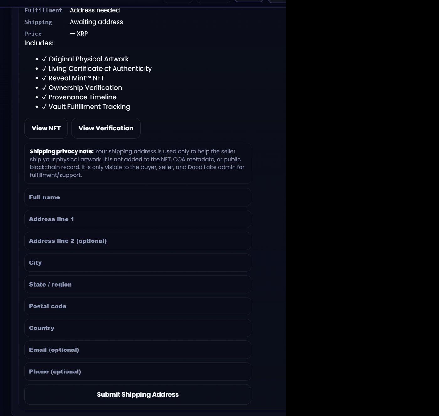 Shipping address entry form for the collector inside Vault
