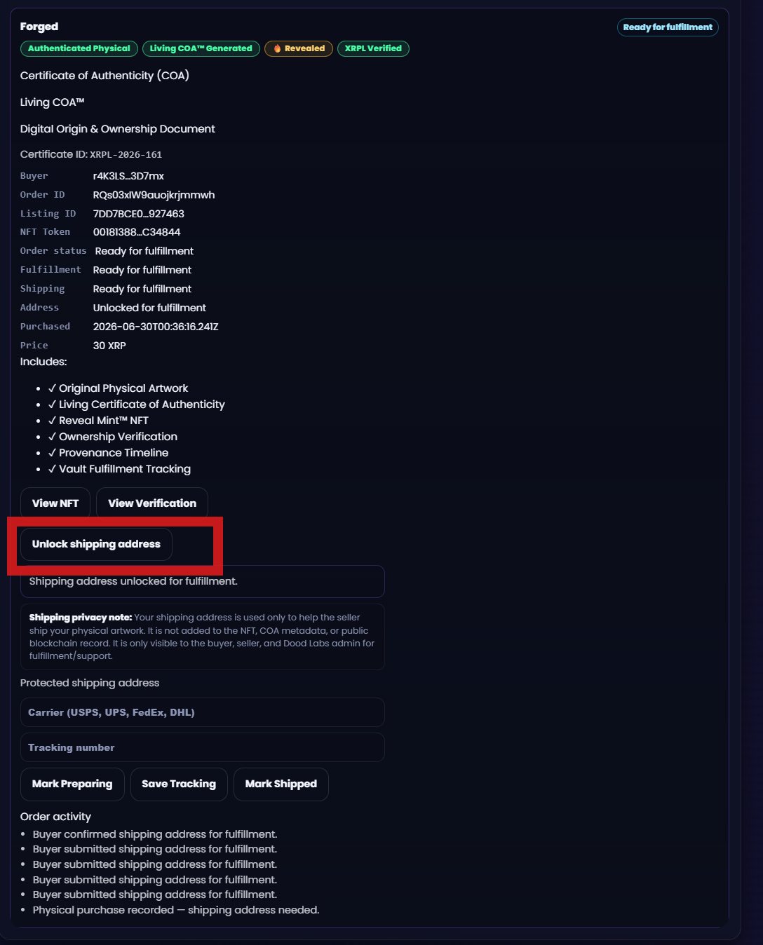 Seller's order view with a locked shipping address ready to be unlocked