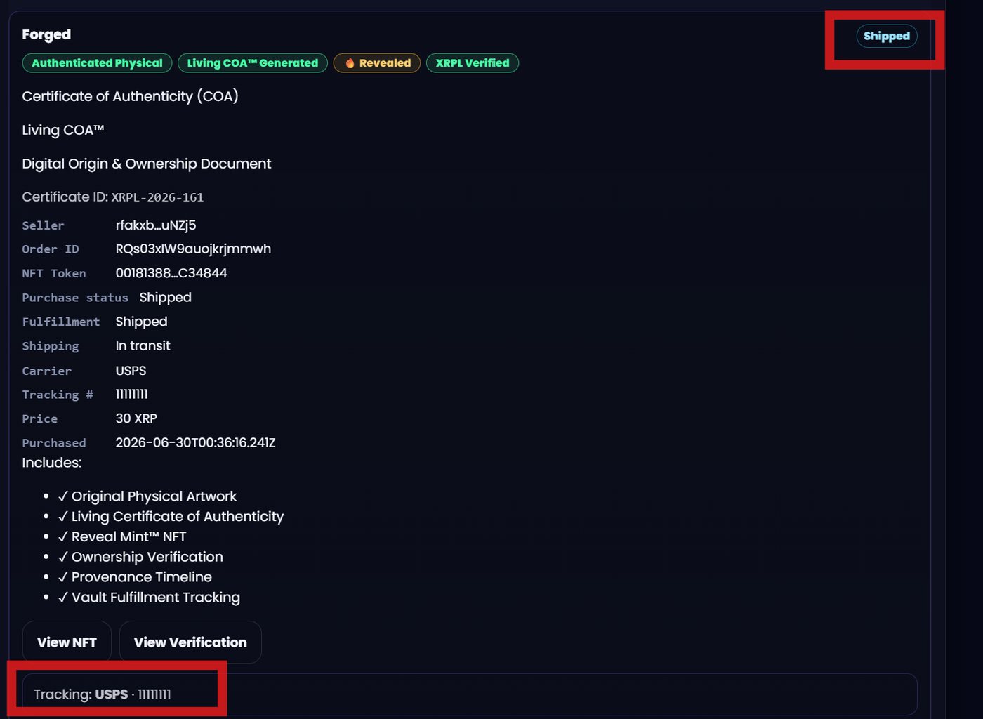 Buyer's order view showing shipped status and carrier tracking details