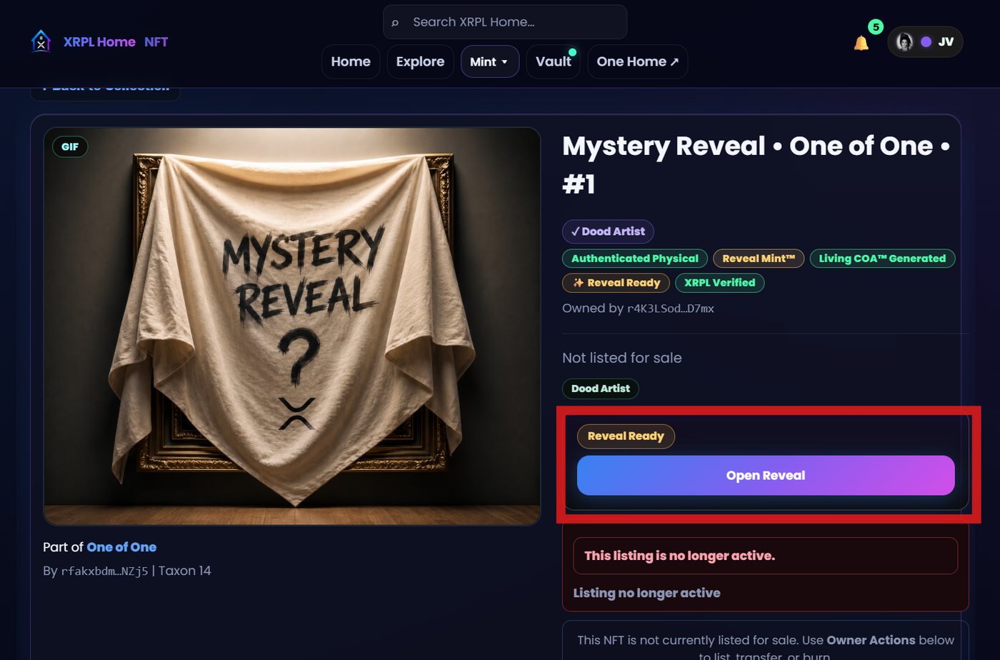 Reveal screen allowing the collector to unlock the hidden artwork