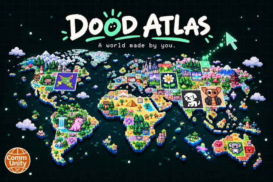 Dood Atlas: a world map covered in colourful pixel art