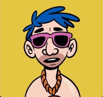 Self-portrait illustration of Instalustraitor: blue hair, pink sunglasses, yellow background